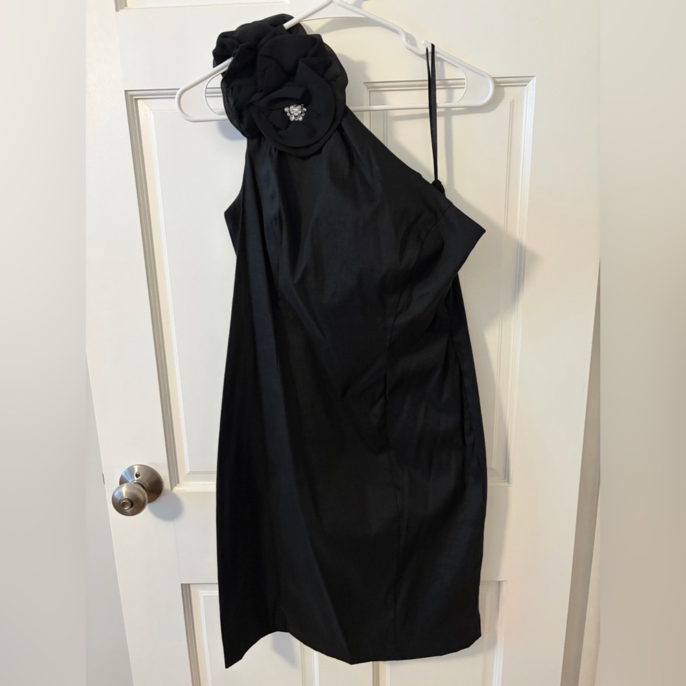 S.L. Fashions Black One-Shoulder Dress with Floral Accent